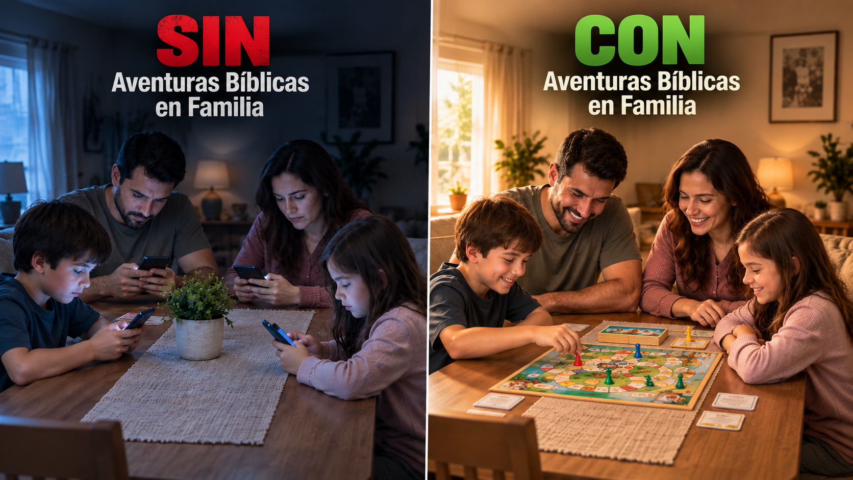 Familia sin el pack, cada uno en su celular, frente a la misma familia jugando un juego de mesa bíblico