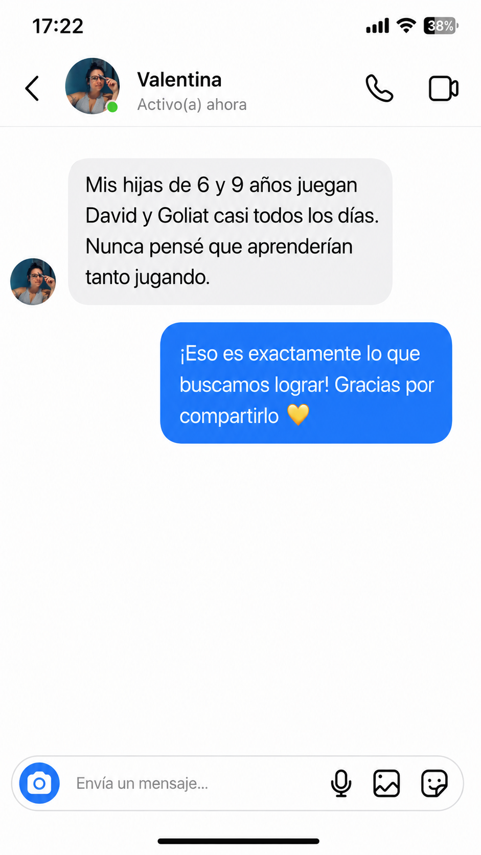 Conversación con Valentina sobre David y Goliat